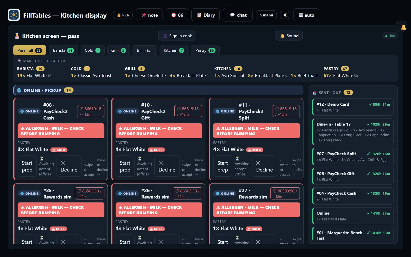 Layar dapur FillTables saat jam ramai: tiket per stasiun dengan penanda alergen